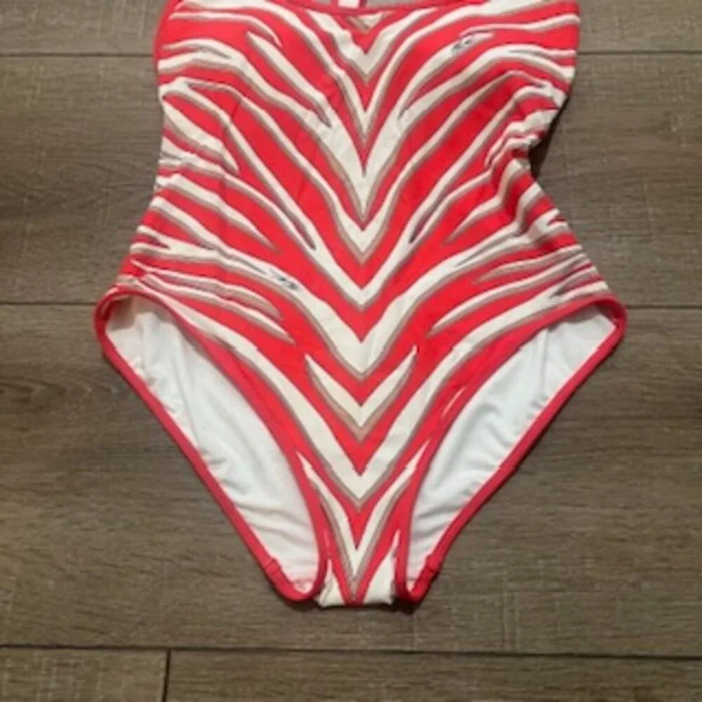 NEW Michael Kors 1 Piece Racerback Red Striped Swimsuit‎ Women’s Sz 10 NWT